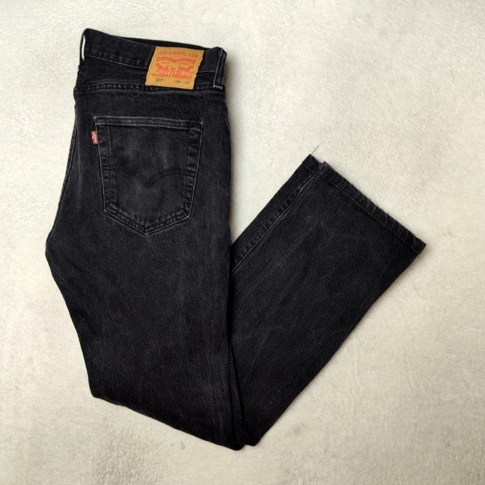 Levis 501‎ Jeans Mens 34x29 Black Straight Charcoal Wash Distressed Button Fly